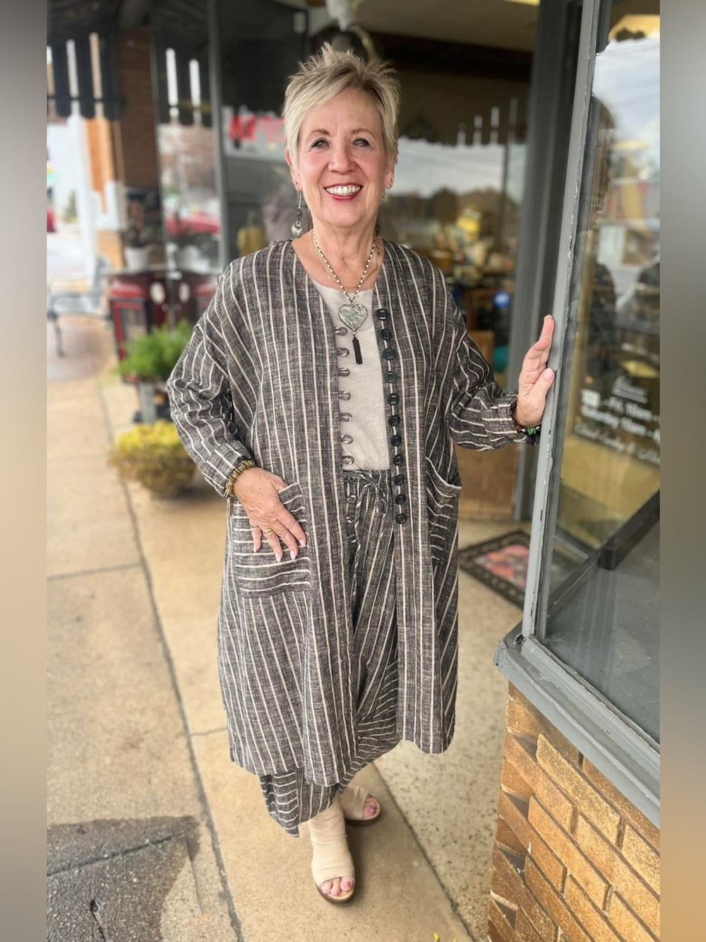 CHEYENNE NWT Striped Cotton Linen Long Cardigan Jacket S/M Oversized Lagenlook